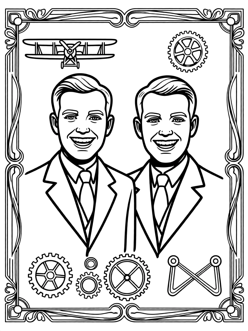 A portrait of The Wright Brothers with a big smile, framed with decorative borders and symbols of their time period.