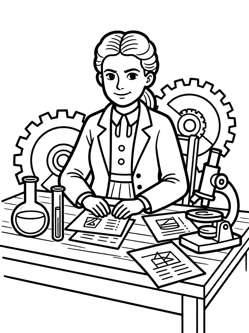 Marie Curie working on their famous invention or idea, with gears, papers, or lab equipment drawn simply.