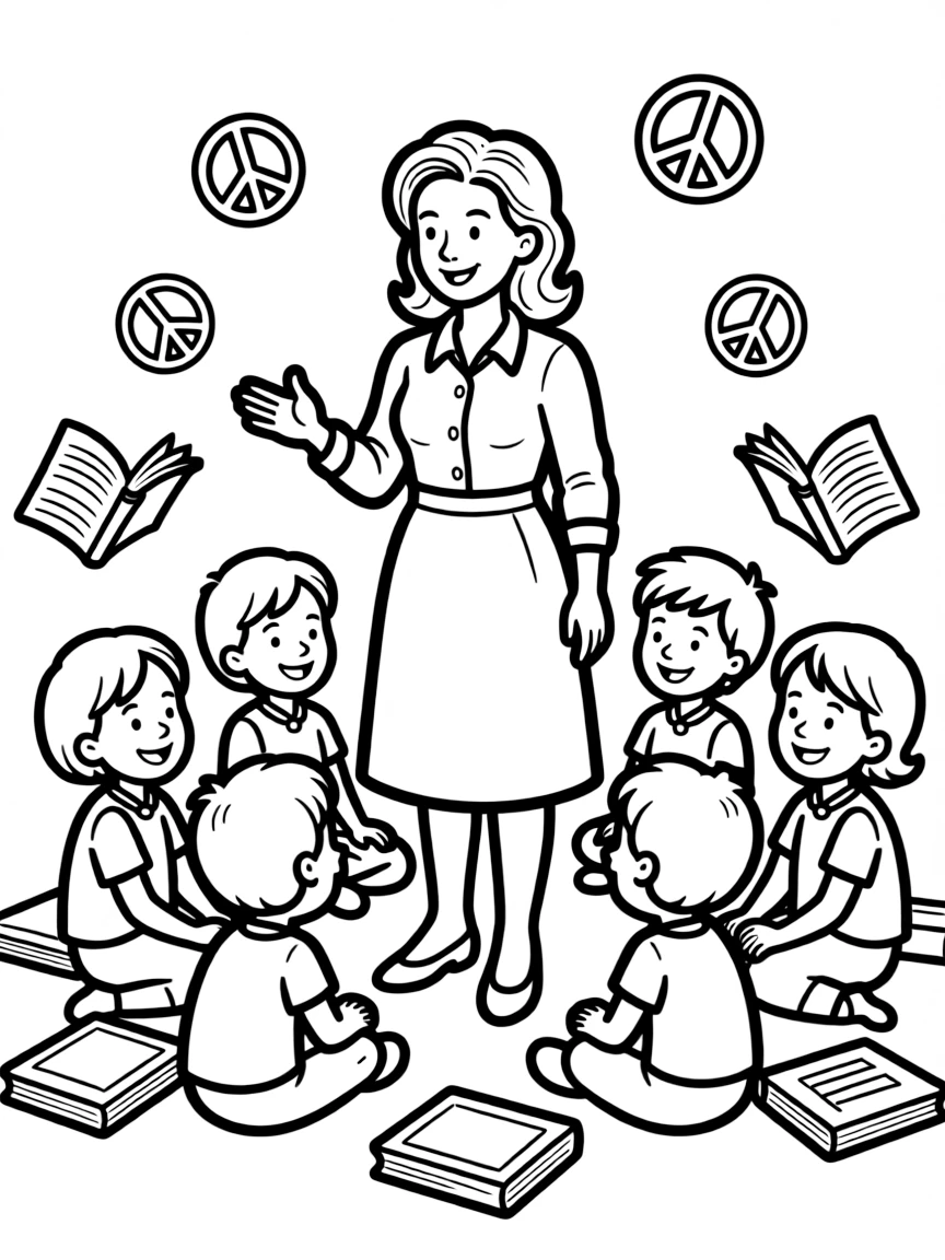 A fun coloring page of Helen Keller giving a speech to children with books and peace signs around.