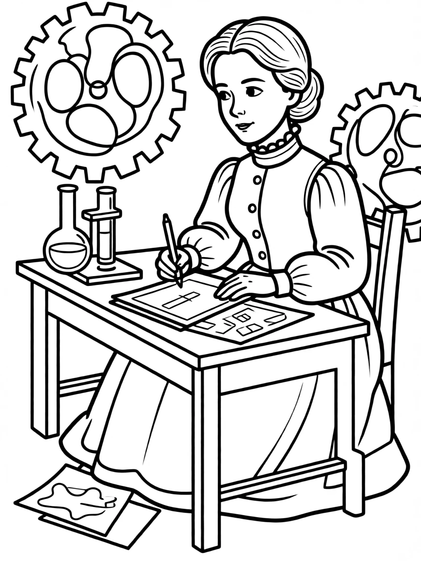 Susan B. Anthony working on their famous invention or idea, with gears, papers, or lab equipment drawn simply.