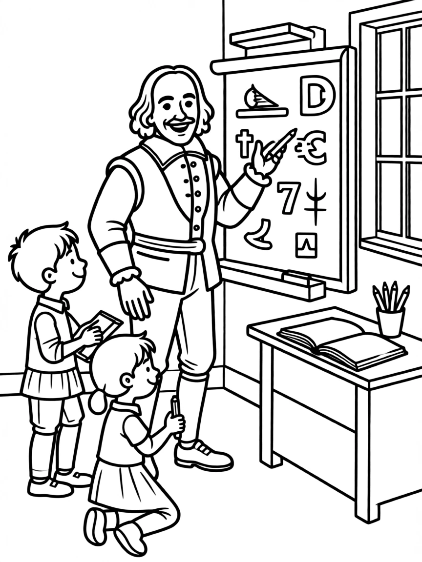 William Shakespeare teaching children, with educational items like chalkboards and pencils, in a friendly classroom scene.