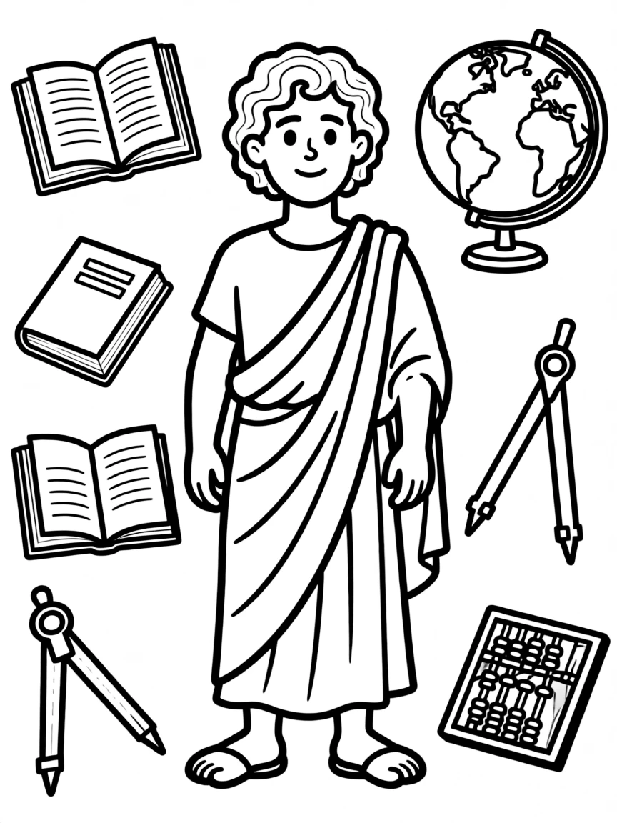 A cartoon-style drawing of Aristotle surrounded by symbols of their achievements, like books, tools, or globes.