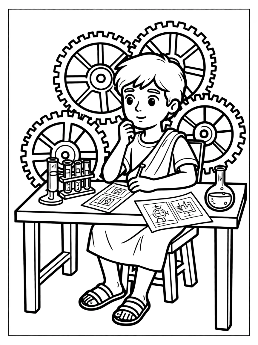 Alexander the Great working on their famous invention or idea, with gears, papers, or lab equipment drawn simply.