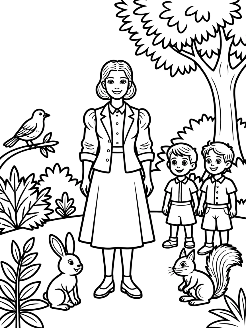 A playful scene showing Rosa Parks in a historical outfit with animals, plants, or kids nearby.