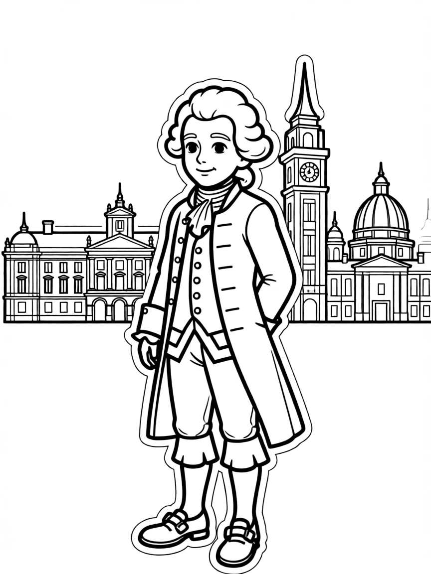 Mozart standing proudly with historical landmarks in the background, drawn with clear bold lines for coloring.