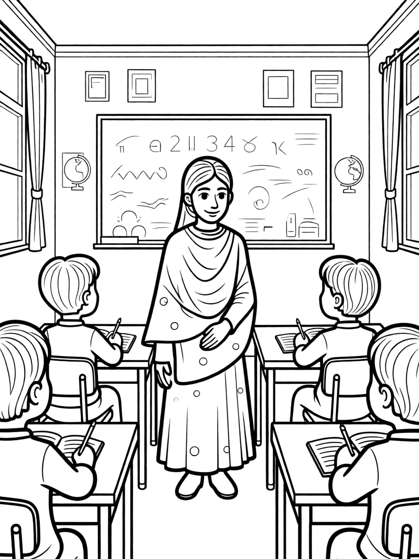 Malala Yousafzai teaching children, with educational items like chalkboards and pencils, in a friendly classroom scene.