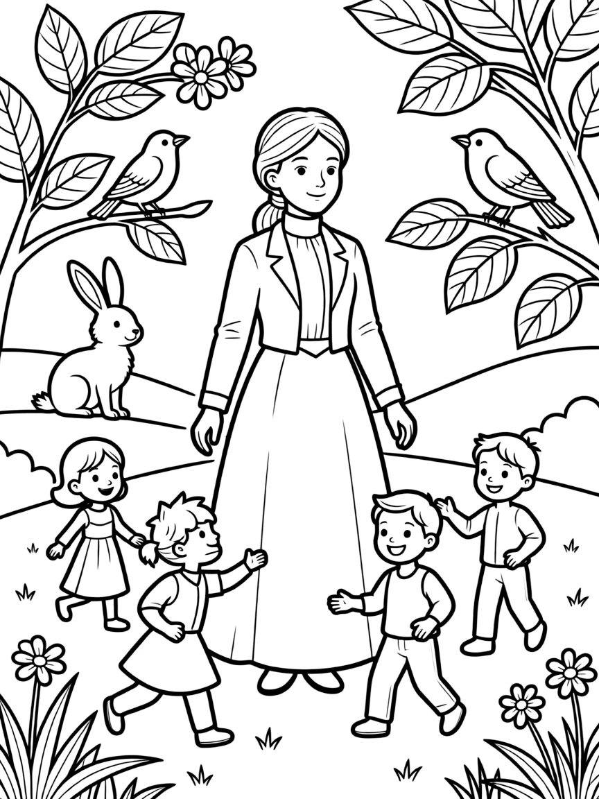 A playful scene showing Susan B. Anthony in a historical outfit with animals, plants, or kids nearby.