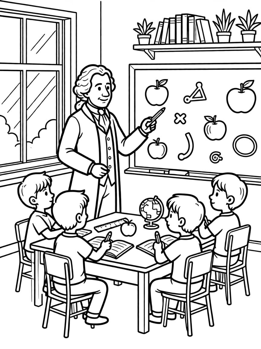 Isaac Newton teaching children, with educational items like chalkboards and pencils, in a friendly classroom scene.