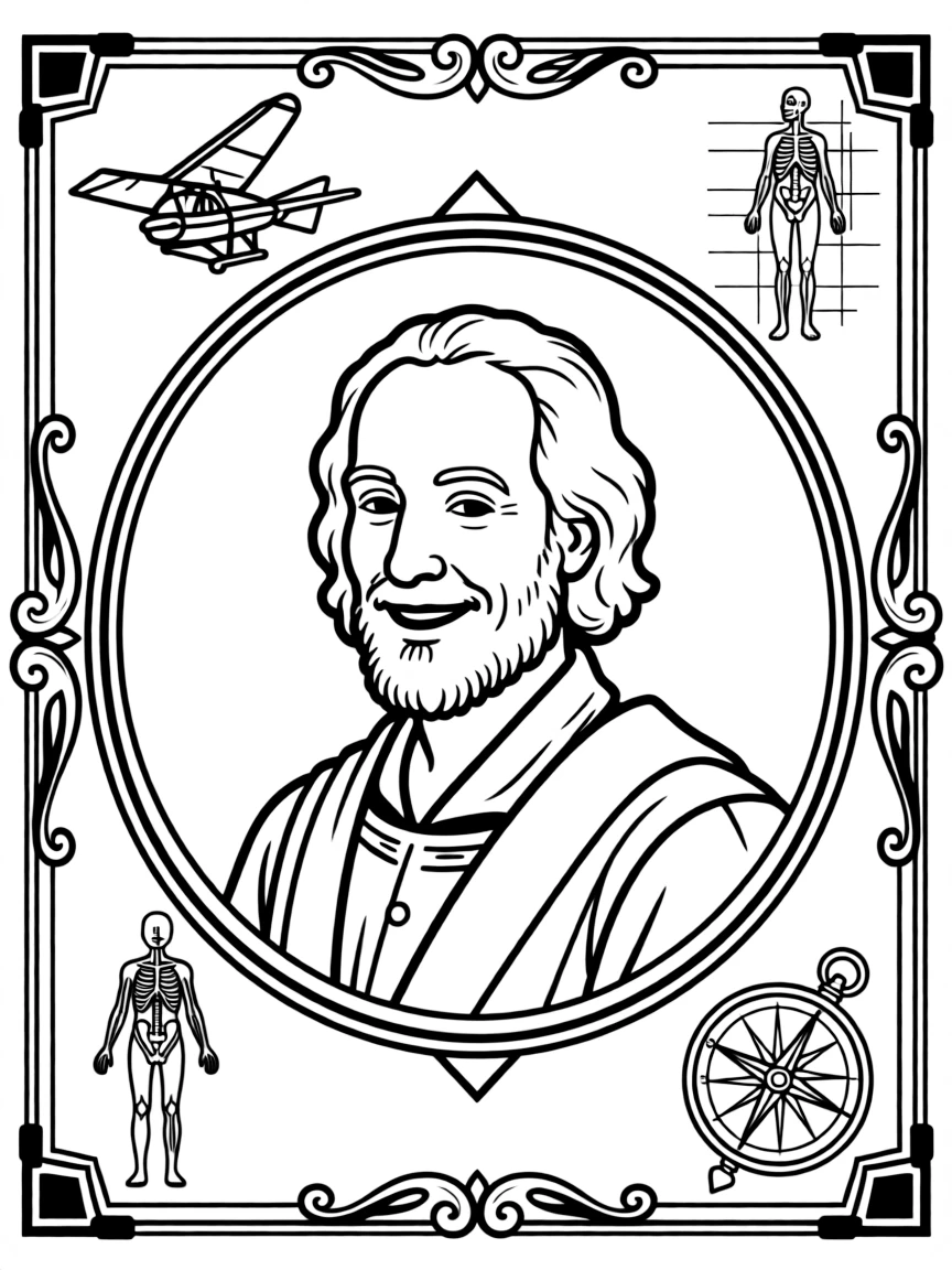 A portrait of Leonardo da Vinci with a big smile, framed with decorative borders and symbols of their time period.