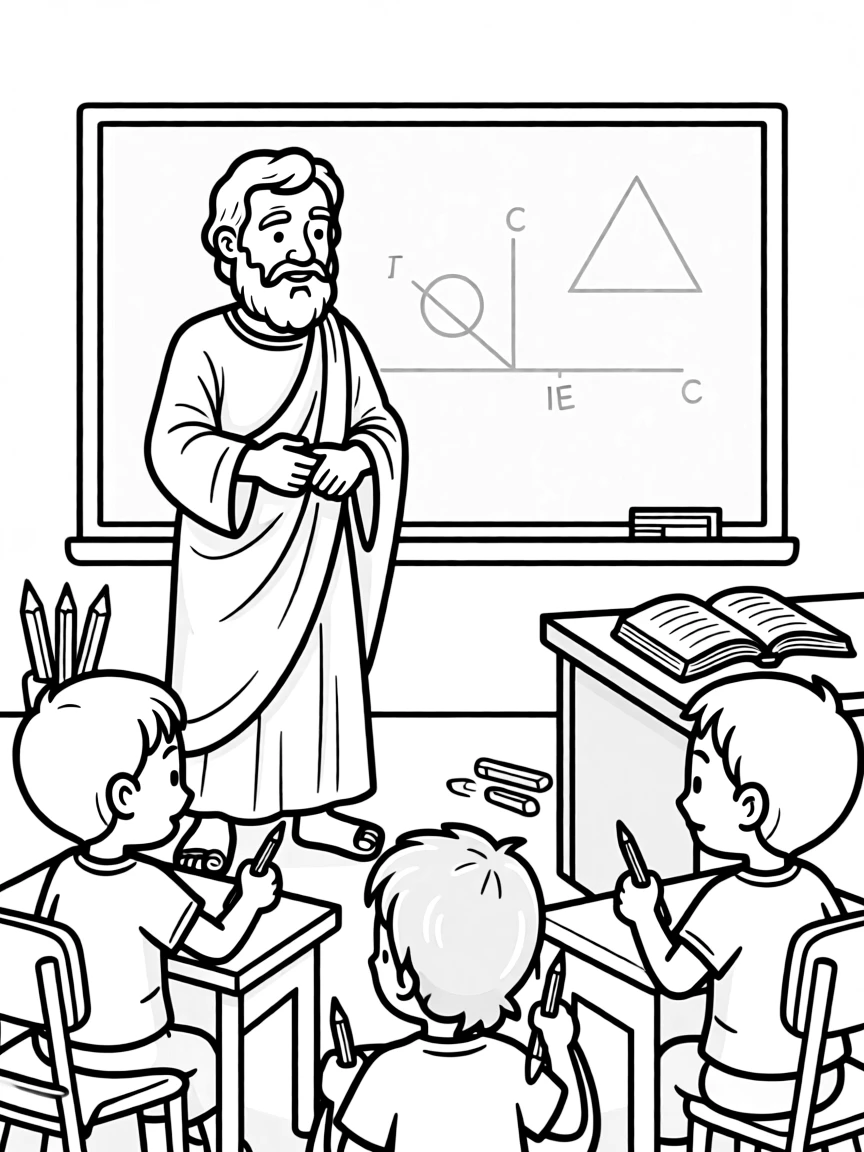 Plato teaching children, with educational items like chalkboards and pencils, in a friendly classroom scene.
