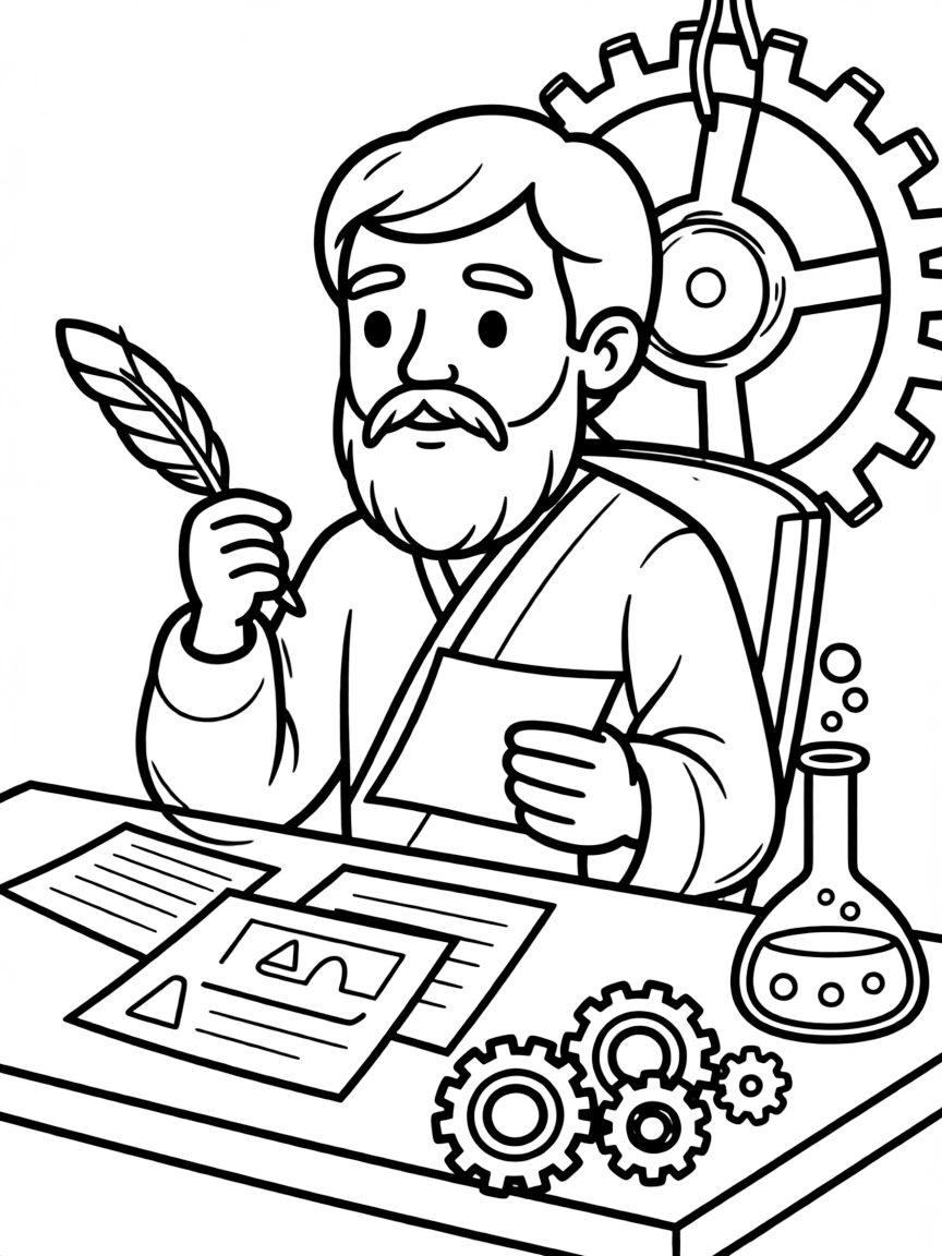 Socrates working on their famous invention or idea, with gears, papers, or lab equipment drawn simply.