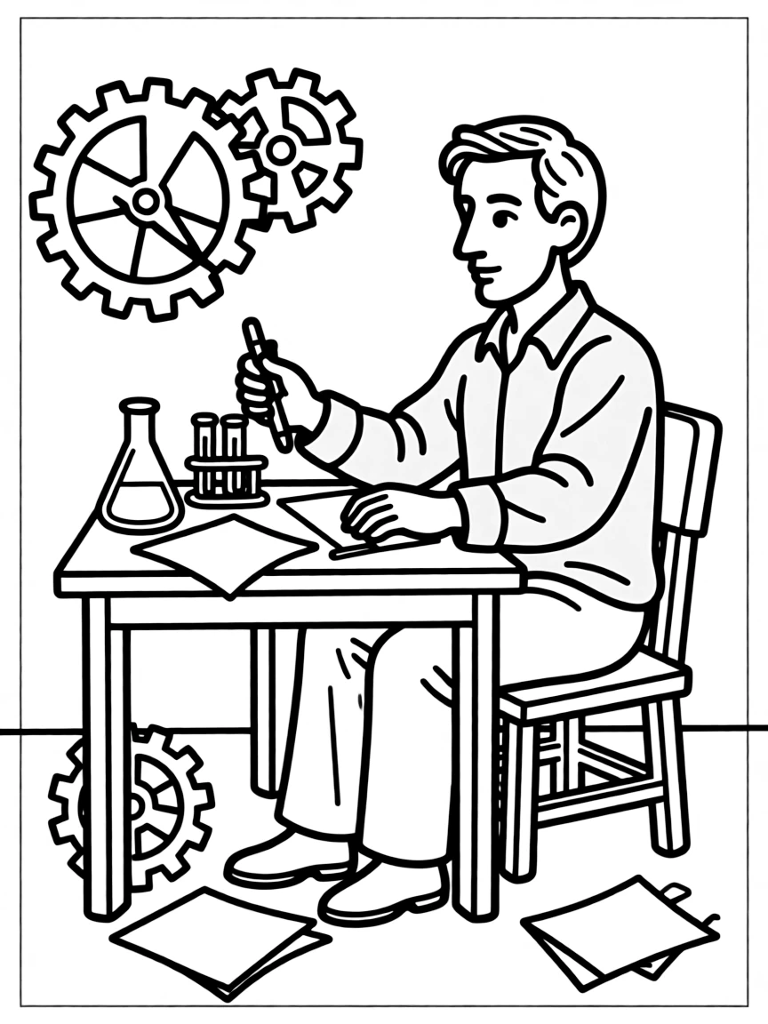 Pablo Picasso working on their famous invention or idea, with gears, papers, or lab equipment drawn simply.