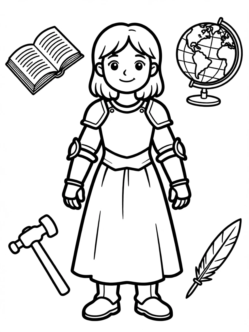 A cartoon-style drawing of Joan of Arc surrounded by symbols of their achievements, like books, tools, or globes.