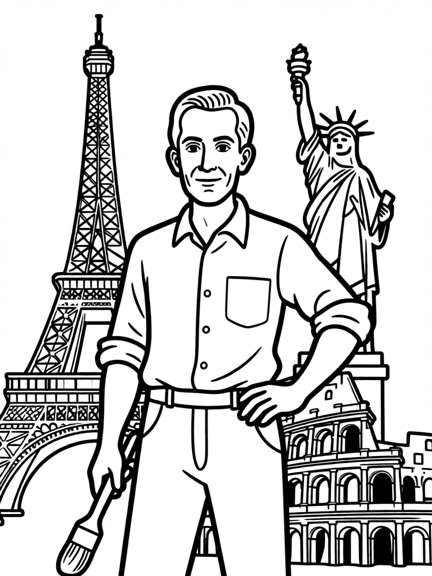 Pablo Picasso standing proudly with historical landmarks in the background, drawn with clear bold lines for coloring.