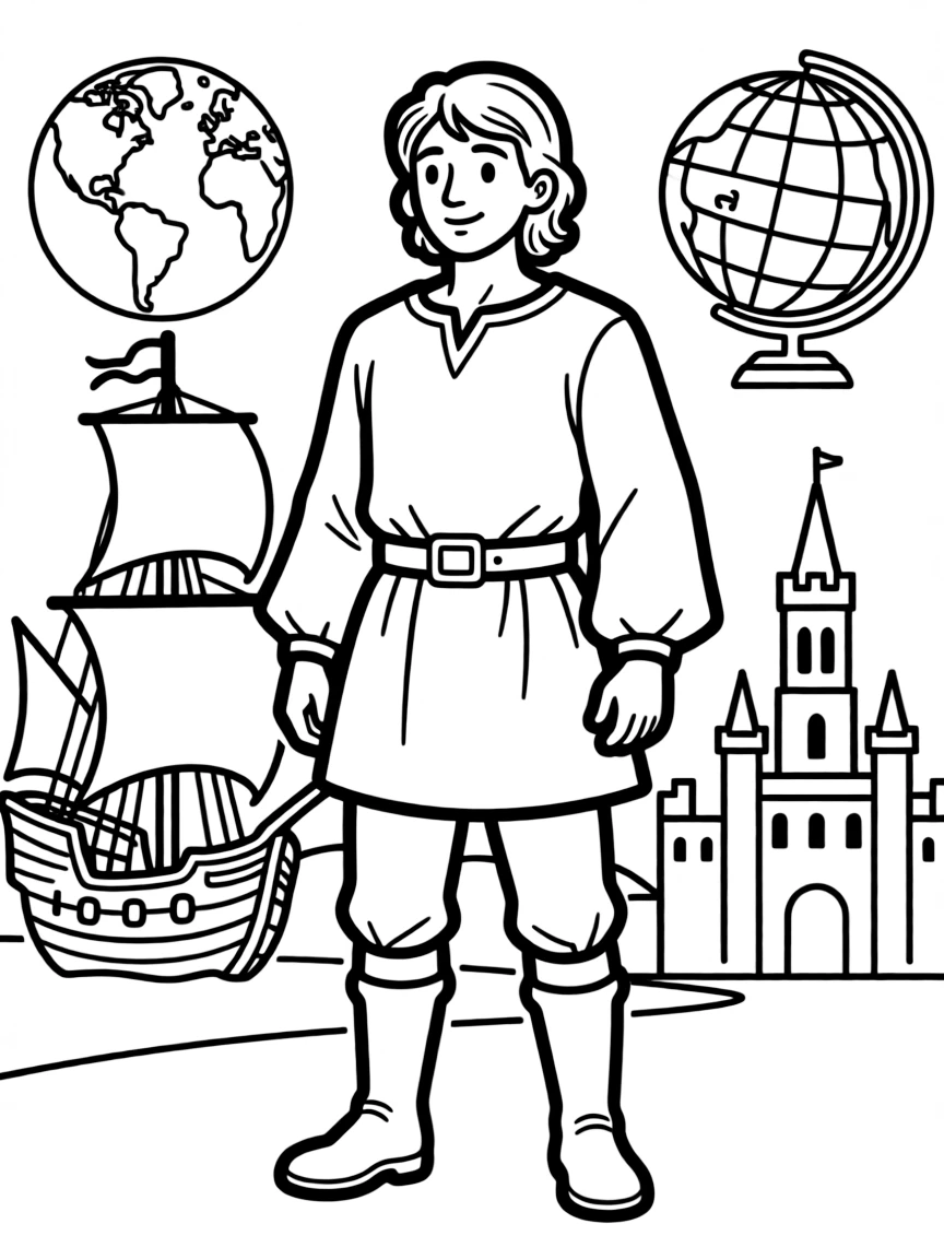 Christopher Columbus standing proudly with historical landmarks in the background, drawn with clear bold lines for coloring.