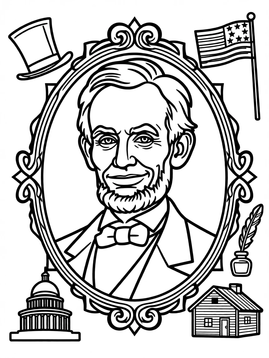 A portrait of Abraham Lincoln with a big smile, framed with decorative borders and symbols of their time period.
