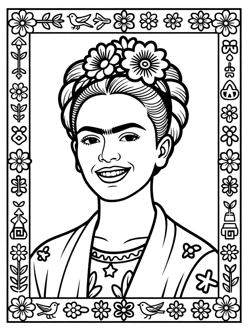 A portrait of Frida Kahlo with a big smile, framed with decorative borders and symbols of their time period.