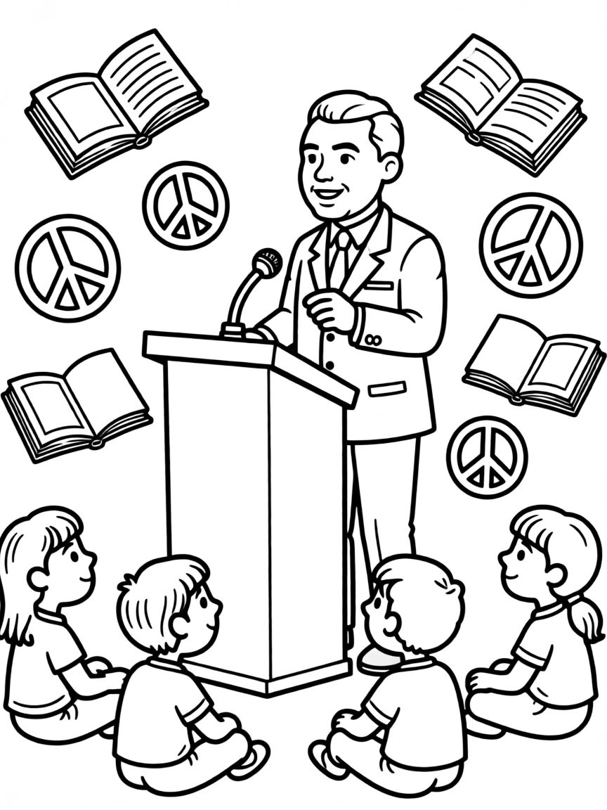 A fun coloring page of Martin Luther King Jr. giving a speech to children with books and peace signs around.