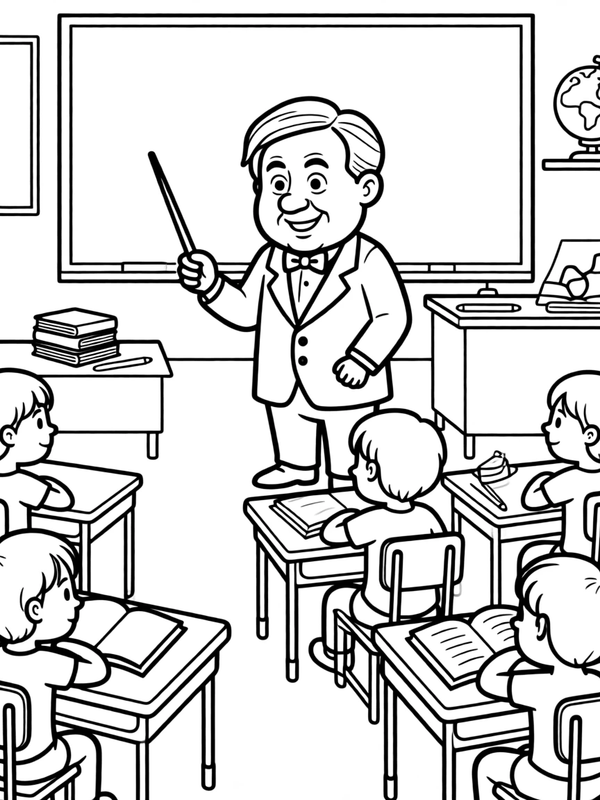 Winston Churchill teaching children, with educational items like chalkboards and pencils, in a friendly classroom scene.