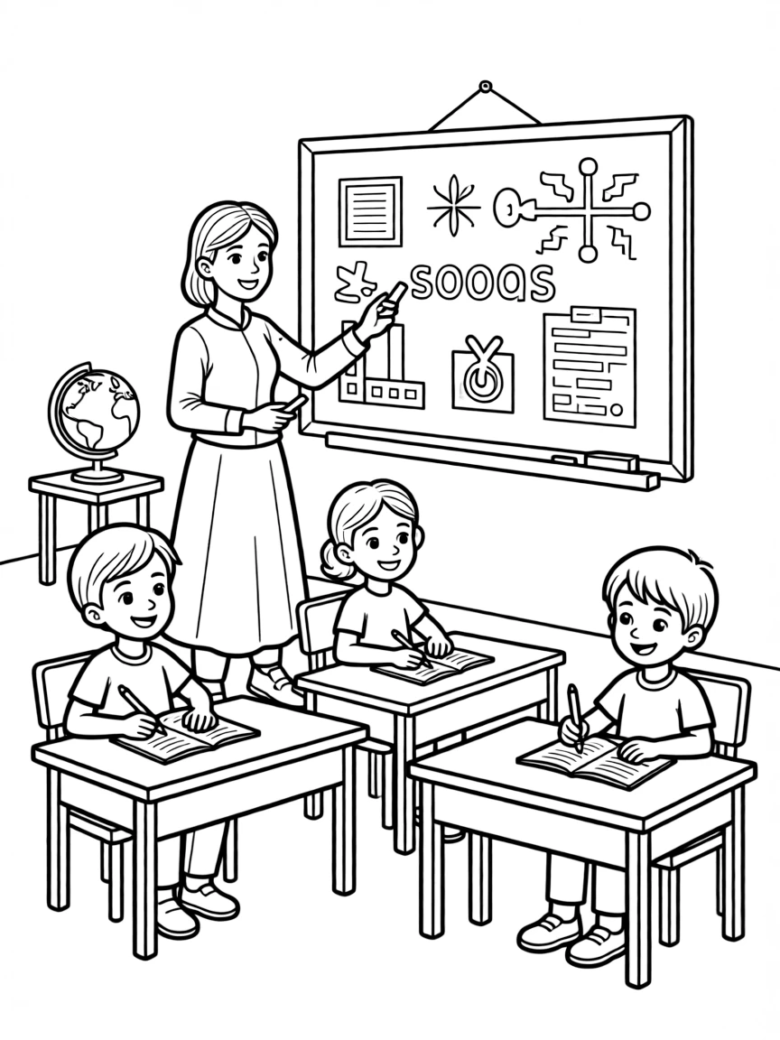 Malala Yousafzai teaching children, with educational items like chalkboards and pencils, in a friendly classroom scene.