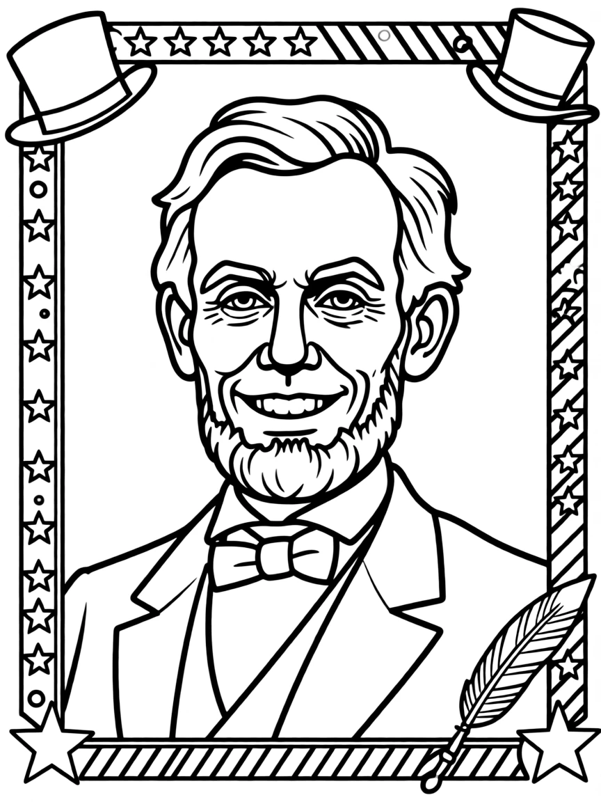 A portrait of Abraham Lincoln with a big smile, framed with decorative borders and symbols of their time period.