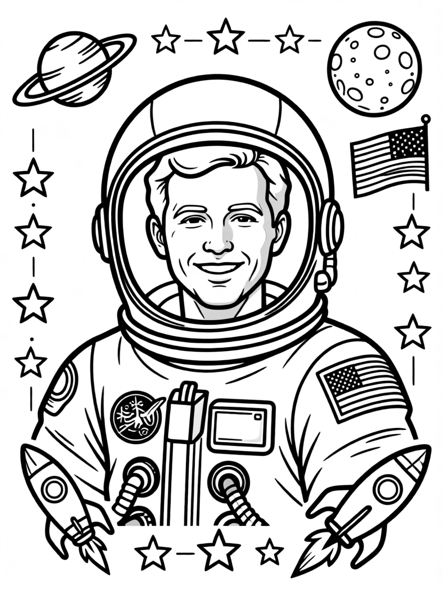 A portrait of Neil Armstrong with a big smile, framed with decorative borders and symbols of their time period.