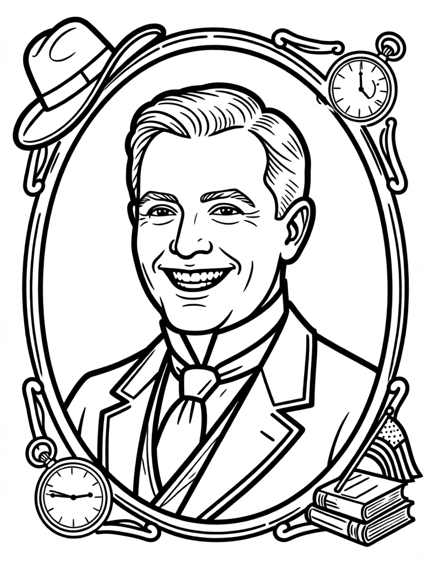 A portrait of Theodore Roosevelt with a big smile, framed with decorative borders and symbols of their time period.