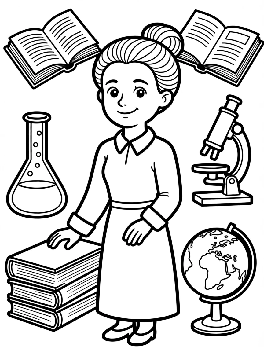 A cartoon-style drawing of Marie Curie surrounded by symbols of their achievements, like books, tools, or globes.