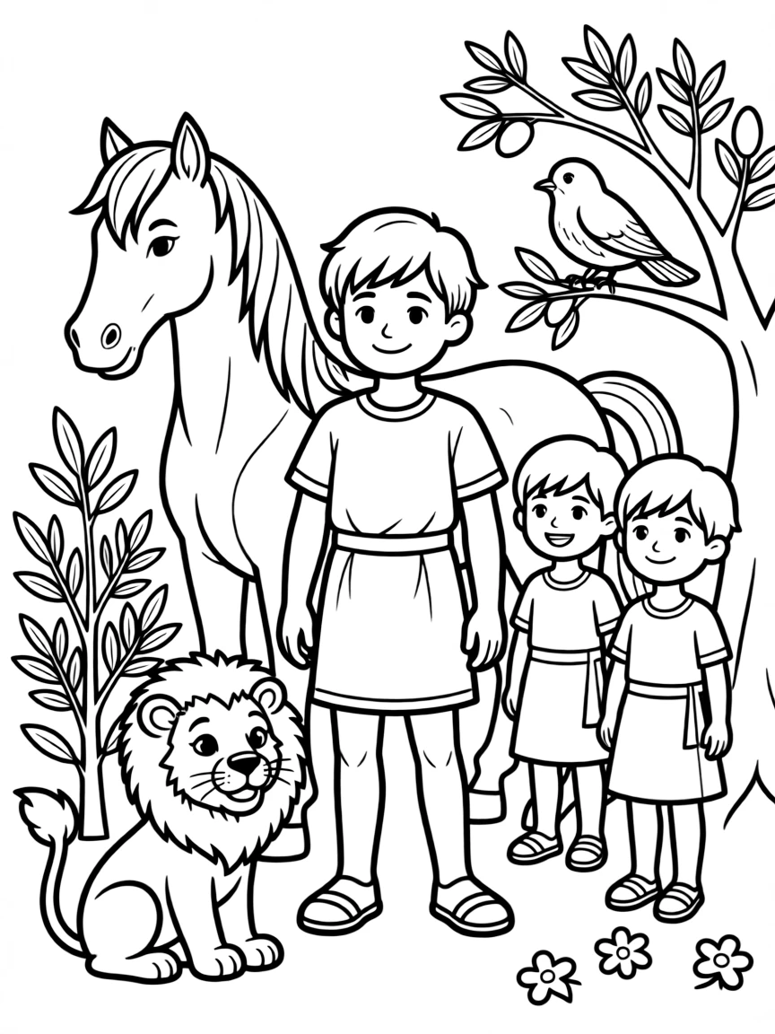 A playful scene showing Alexander the Great in a historical outfit with animals, plants, or kids nearby.