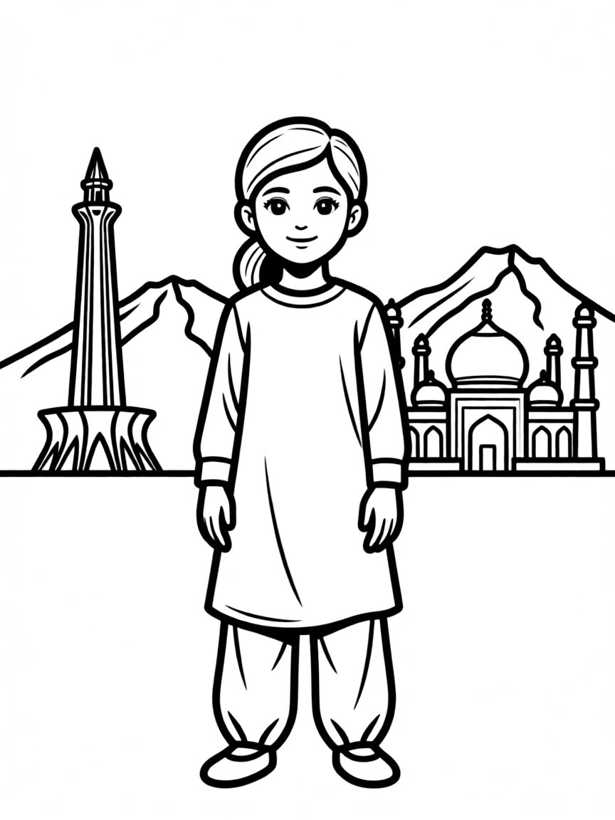 Malala Yousafzai standing proudly with historical landmarks in the background, drawn with clear bold lines for coloring.