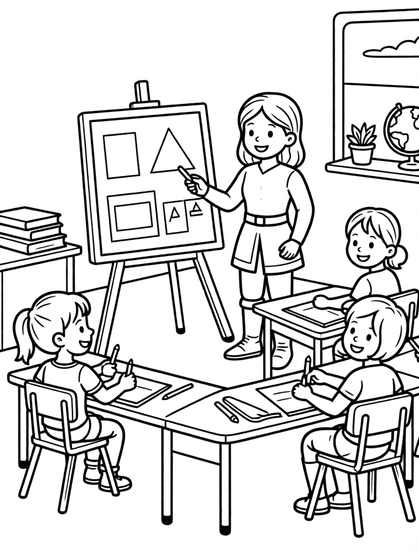 Joan of Arc teaching children, with educational items like chalkboards and pencils, in a friendly classroom scene.