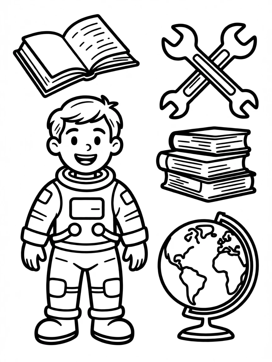 A cartoon-style drawing of Neil Armstrong surrounded by symbols of their achievements, like books, tools, or globes.