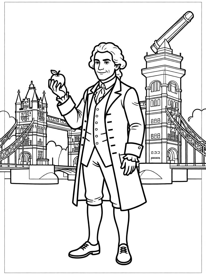 Isaac Newton standing proudly with historical landmarks in the background, drawn with clear bold lines for coloring.