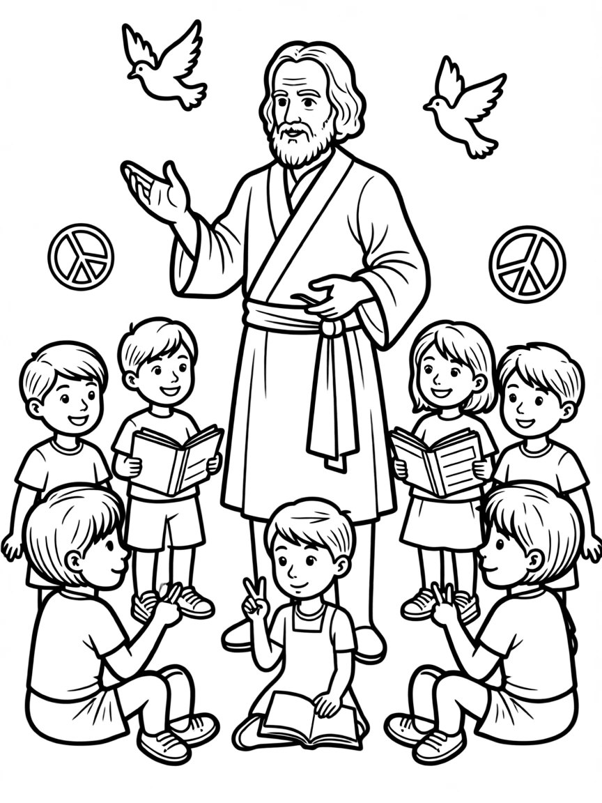 A fun coloring page of Galileo Galilei giving a speech to children with books and peace signs around.