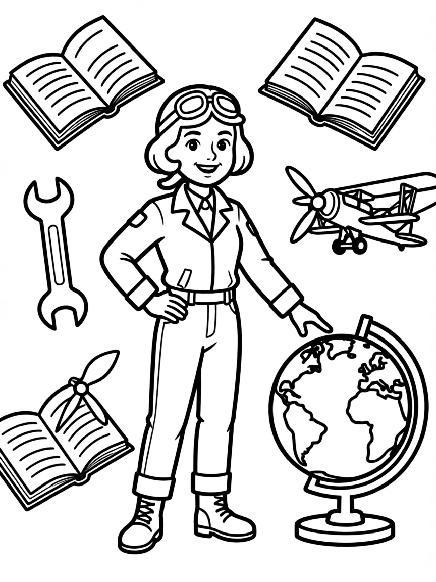 A cartoon-style drawing of Amelia Earhart surrounded by symbols of their achievements, like books, tools, or globes.