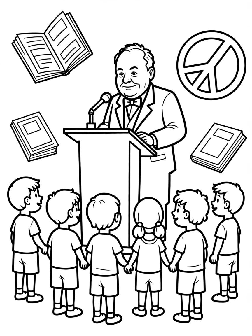 A fun coloring page of Winston Churchill giving a speech to children with books and peace signs around.