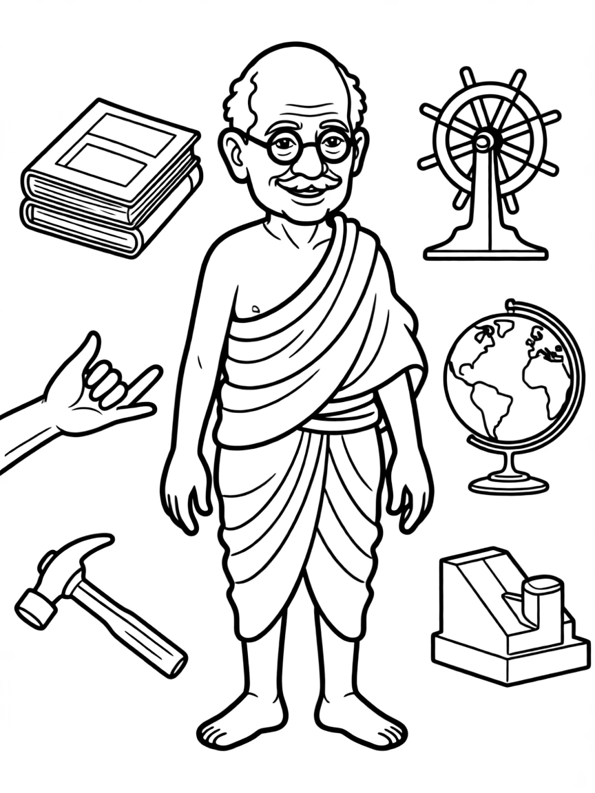 A cartoon-style drawing of Mahatma Gandhi surrounded by symbols of their achievements, like books, tools, or globes.