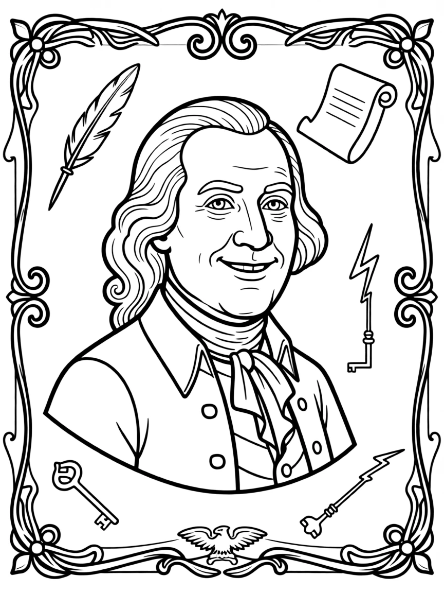 A portrait of Benjamin Franklin with a big smile, framed with decorative borders and symbols of their time period.