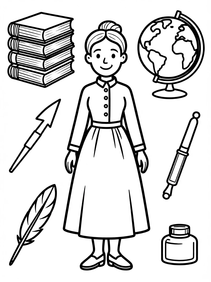 A cartoon-style drawing of Susan B. Anthony surrounded by symbols of their achievements, like books, tools, or globes.