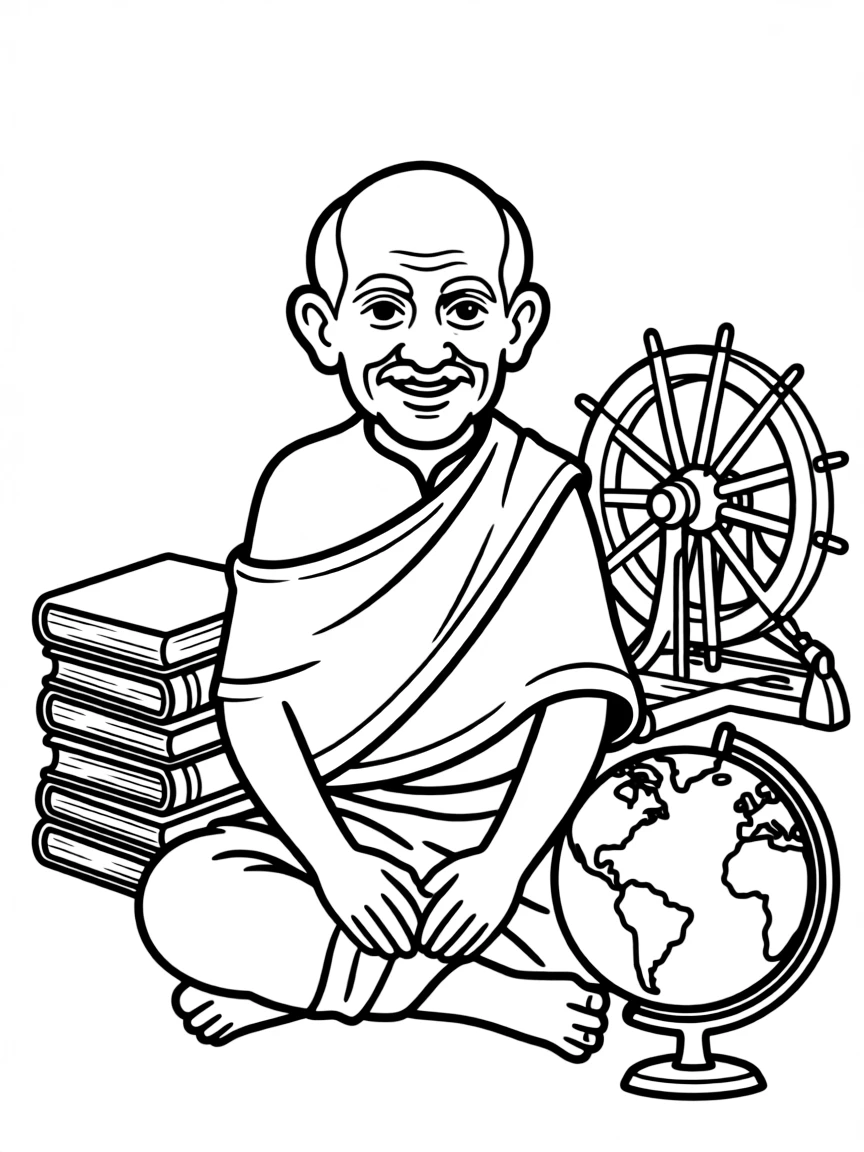 A cartoon-style drawing of Mahatma Gandhi surrounded by symbols of their achievements, like books, tools, or globes.