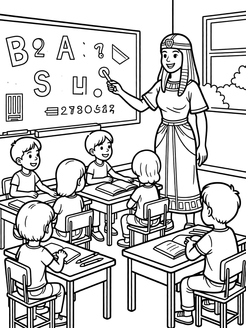 Cleopatra teaching children, with educational items like chalkboards and pencils, in a friendly classroom scene.
