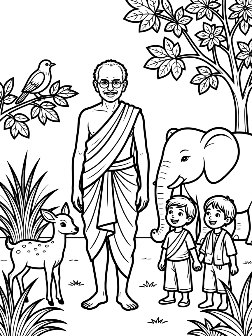 A playful scene showing Mahatma Gandhi in a historical outfit with animals, plants, or kids nearby.