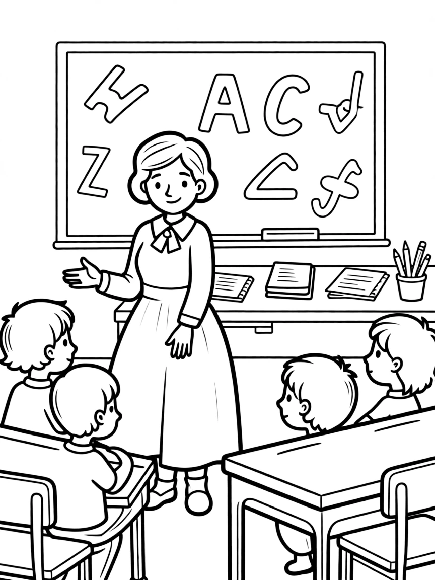 Helen Keller teaching children, with educational items like chalkboards and pencils, in a friendly classroom scene.
