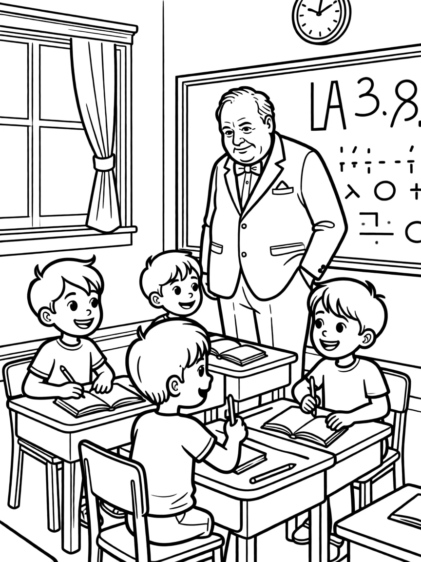 Winston Churchill teaching children, with educational items like chalkboards and pencils, in a friendly classroom scene.