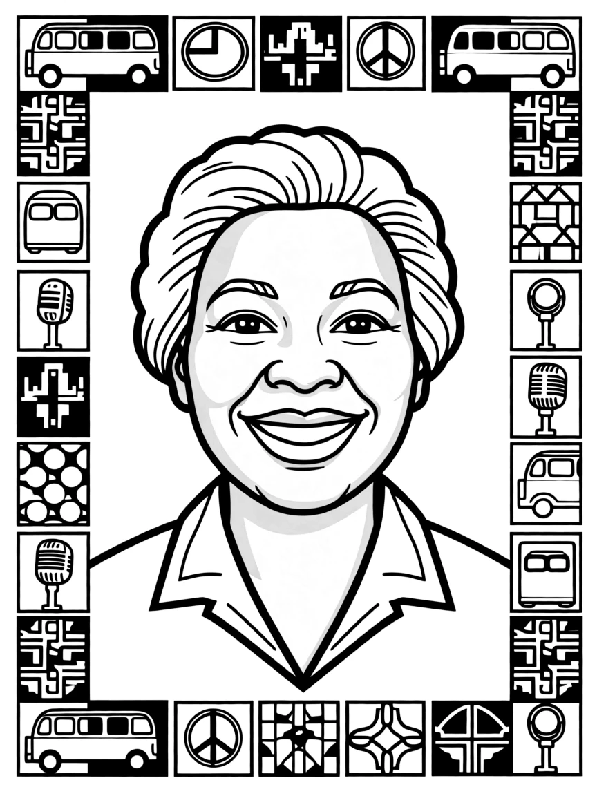 A portrait of Rosa Parks with a big smile, framed with decorative borders and symbols of their time period.