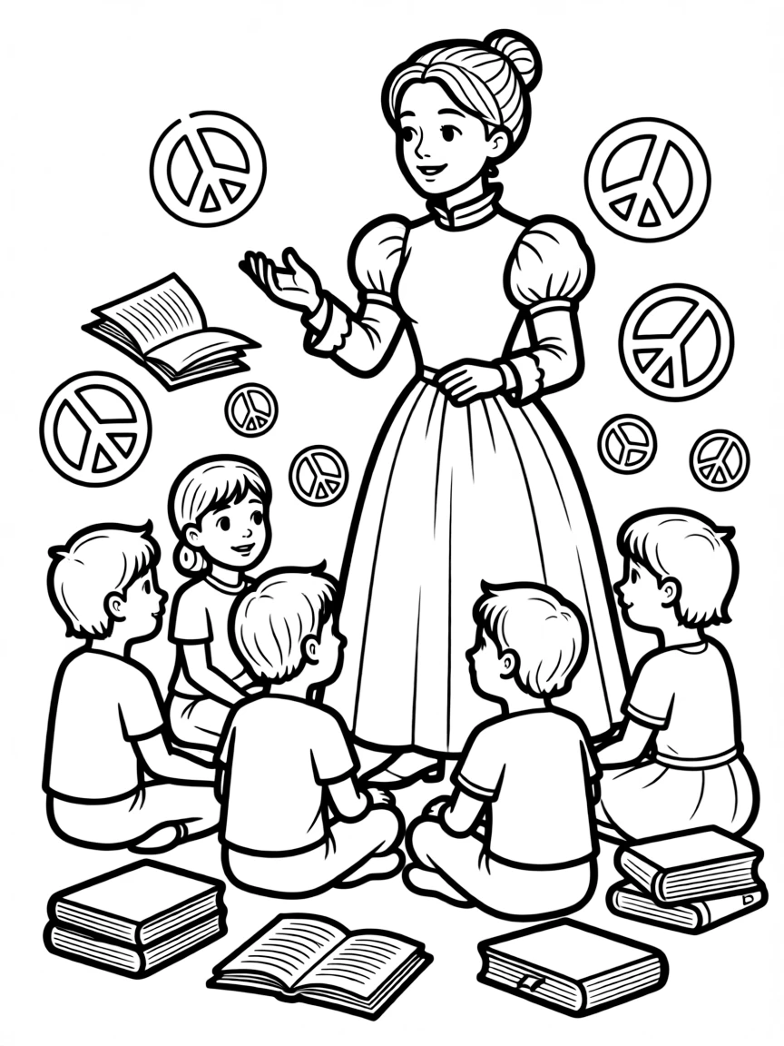 A fun coloring page of Ada Lovelace giving a speech to children with books and peace signs around.