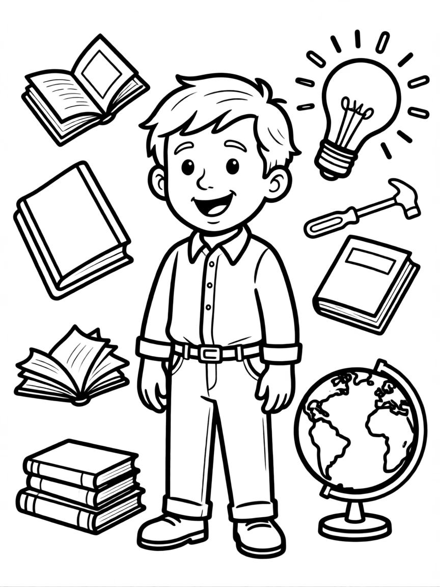 A cartoon-style drawing of Thomas Edison surrounded by symbols of their achievements, like books, tools, or globes.