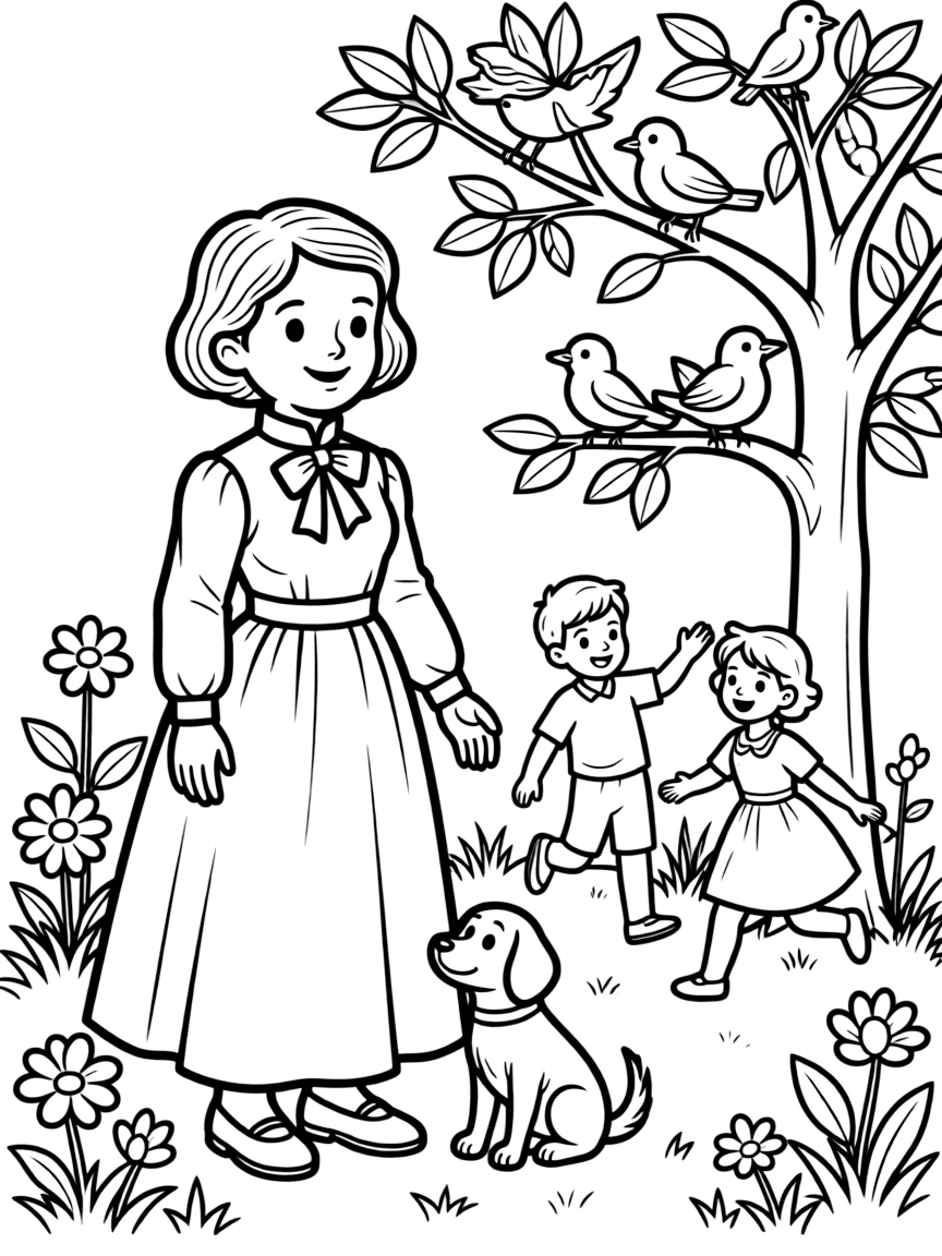 A playful scene showing Helen Keller in a historical outfit with animals, plants, or kids nearby.