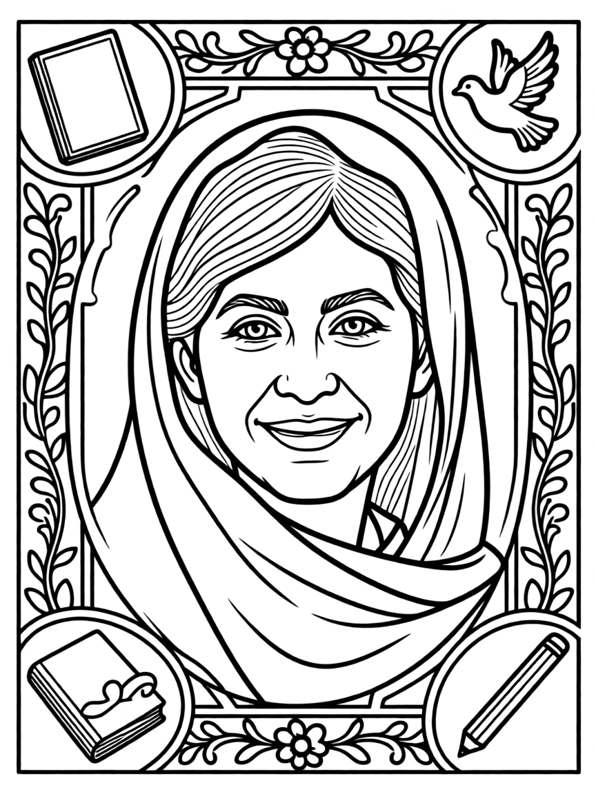 A portrait of Malala Yousafzai with a big smile, framed with decorative borders and symbols of their time period.