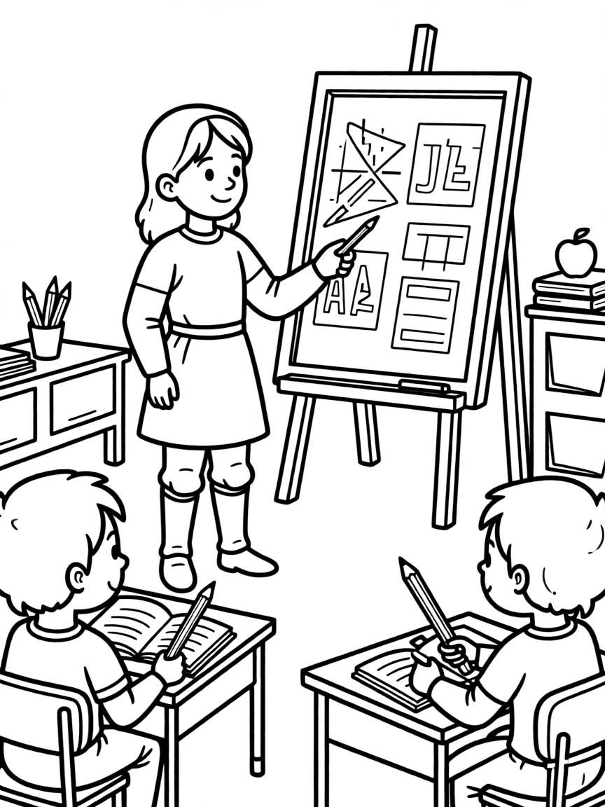 Joan of Arc teaching children, with educational items like chalkboards and pencils, in a friendly classroom scene.